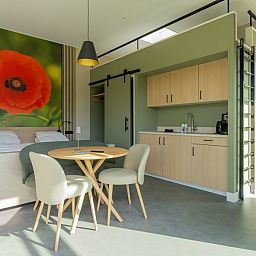 Stylish indoor room with kitchenette at Buitenplaats Hotel, bed and breakfast in Ellemeet, Schouwen-Duiveland, Zeeland.