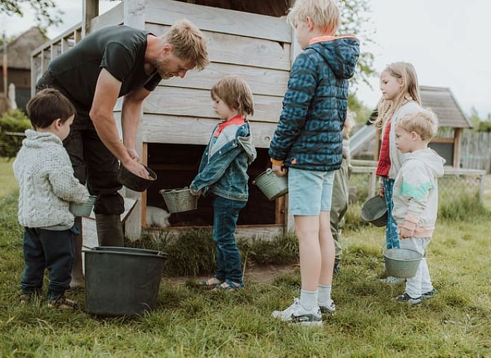 Rustieke keuken met rode pannen in Huisje in Oosterwolde, Veluwe, Gelderland.