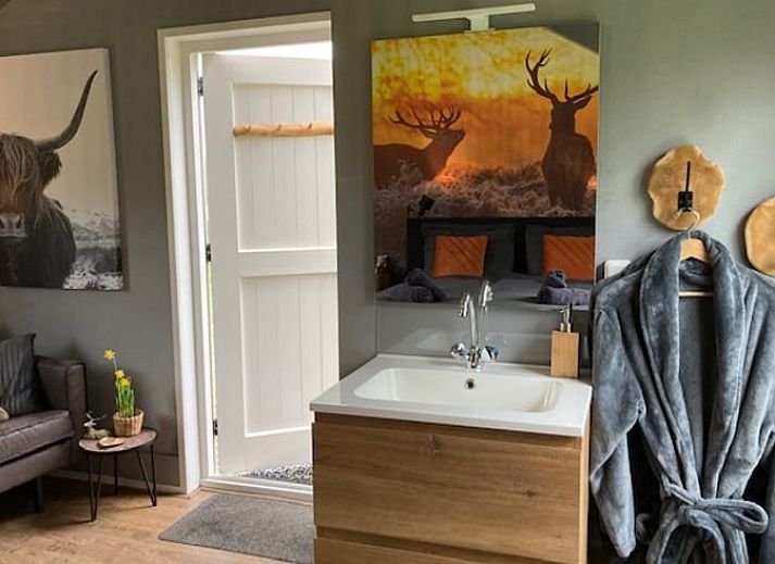 Stimmungsvolle Holzbank am Ferienhaus in Beemte Broekland, umgeben von bluehenden Pflanzen in der Veluwe.