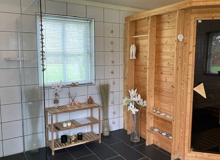 Stimmungsvolle Holzbank am Ferienhaus in Beemte Broekland, umgeben von bluehenden Pflanzen in der Veluwe.