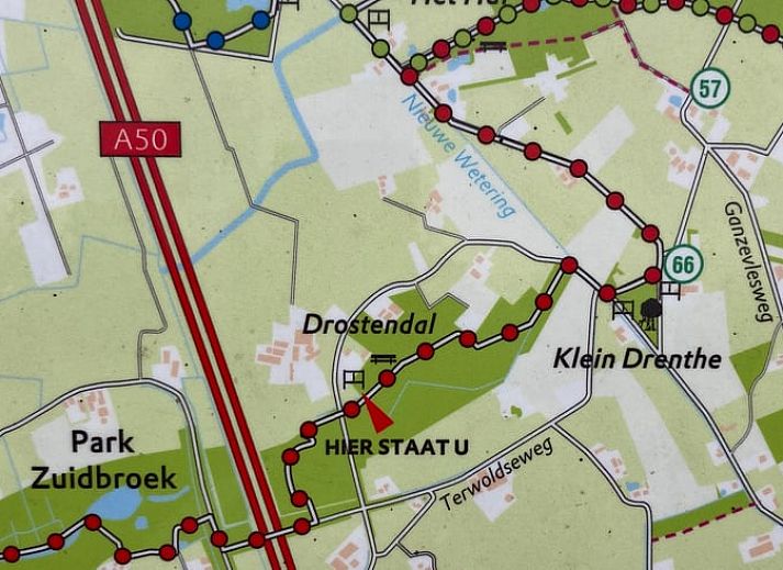 Rustikaler Picknicktisch und gruene Umgebung beim Ferienhaus in Beemte Broekland, Veluwe, Gelderland.