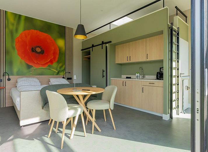 Bright bedroom overlooking green fields at Buitenplaats Hotel, bed and breakfast in Ellemeet, Schouwen-Duiveland, Zeeland.