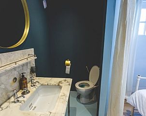 Stijlvolle badkamer in Vakantiehuisje in Hoenderloo, Veluwe, met marmeren wastafel en moderne voorzieningen.