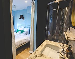 Badkamer in Vakantiehuisje in Hoenderloo, Veluwe, met moderne douche en stijlvolle inrichting.