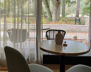 Gezellige binnenruimte van Vakantiehuisje in Vaassen met uitzicht op herfstlandschap in de Veluwe.