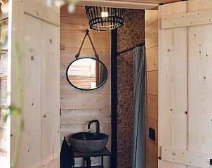 Stijlvolle badkamer met houten afwerking in Huisje in Oosterwolde, bed and breakfast op de Veluwe.