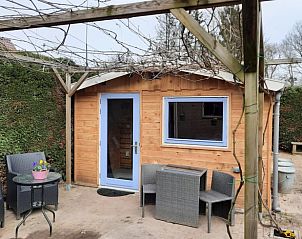 Rustieke buitenruimte met terras in Vakantiehuisje in Wapenveld, Veluwe, Gelderland omgeven door groen.