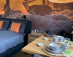 Gezellige eetruimte in Vakantiehuisje in Beemte Broekland met uitzicht op de Veluwe, Gelderland.