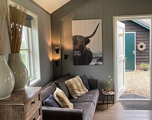 Gezellige zithoek in Vakantiehuisje in Beemte Broekland met open deur naar de tuin, Veluwe, Gelderland.