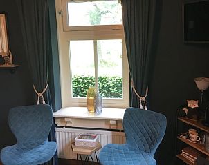 Knalblauwe stoelen in de woonkamer van Vakantiehuis in Oene, Veluwe, met uitzicht op de groene omgeving.