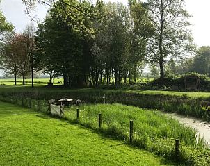 Groene omgeving met vijver en zitplek bij Vakantiehuis in Oene, Veluwe, biedt rust en natuur in Gelderland.