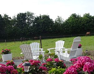 Terras met bloemen en stoelen bij Huisje in Noordgouwe, bed and breakfast in Schouwen-Duiveland, Zeeland.