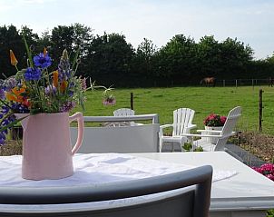 Bloemenvaas op terras van Huisje in Noordgouwe, bed and breakfast in Schouwen-Duiveland, Zeeland.