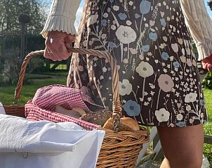 Ontbijtmand in de tuin van Huisje in Arnemuiden, vakantieaccommodatie in Zeeland.